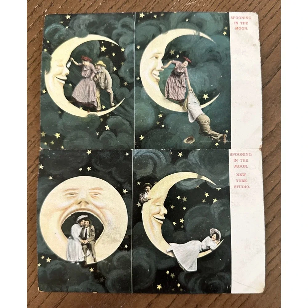 Spooning in the Moon Humor Romance 1907 Set of 2 Postcards UNUSED - Picture 1 of 3